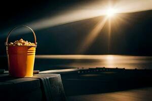 een emmer van popcorn Aan een tafel in de buurt de water. ai-gegenereerd foto