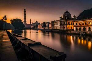 de zonsondergang over- de rivier- in Delhi. ai-gegenereerd foto