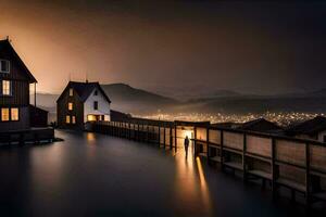 een lang blootstelling fotograaf van een huis in de midden- van een meer. ai-gegenereerd foto