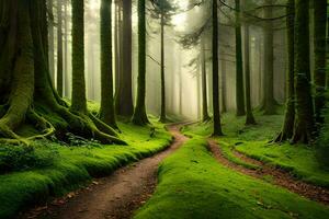 een pad door een groen Woud met bomen en mos. ai-gegenereerd foto