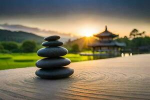 zen steen balanceren Aan de houten tafel. ai-gegenereerd foto