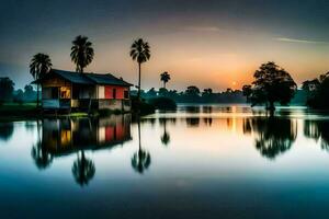 een huis Aan de water met palm bomen in de achtergrond. ai-gegenereerd foto