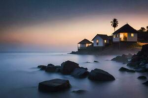 een huis Aan de strand Bij zonsondergang. ai-gegenereerd foto