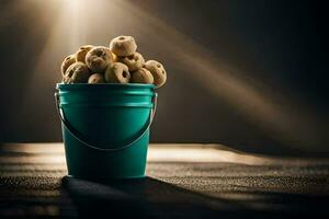 een emmer gevulde met koekjes Aan een tafel. ai-gegenereerd foto