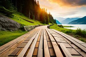 een houten loopbrug Leidt naar een meer en bergen. ai-gegenereerd foto