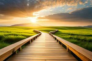 een houten loopbrug Leidt naar een groen veld- Bij zonsondergang. ai-gegenereerd foto