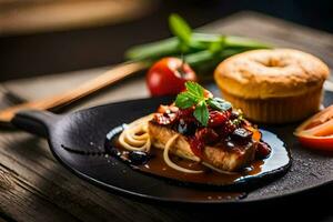 een bord met pasta, tomaat en brood Aan het. ai-gegenereerd foto