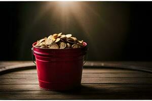 een rood emmer gevulde met goud munten Aan een houten tafel. ai-gegenereerd foto