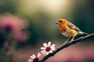 een klein vogel is neergestreken Aan een Afdeling met bloemen. ai-gegenereerd foto