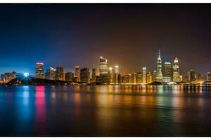 de stad horizon Bij nacht met lichten reflecterend in de water. ai-gegenereerd foto