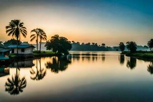 een rivier- met palm bomen en huizen Bij zonsondergang. ai-gegenereerd foto