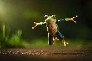 een kikker jumping in de lucht met haar poten verspreiding. ai-gegenereerd foto