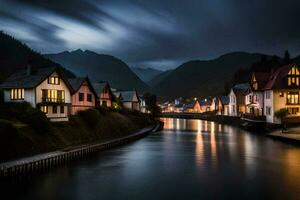 een rivier- loopt door een stad- Bij nacht. ai-gegenereerd foto