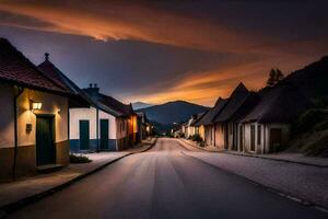 een straat in de dorp Bij zonsondergang. ai-gegenereerd foto