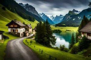 mooi landschap van alpine dorp met meer en bergen. ai-gegenereerd foto