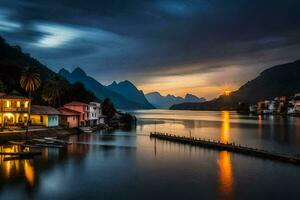 een mooi zonsondergang over- een meer en bergen. ai-gegenereerd foto