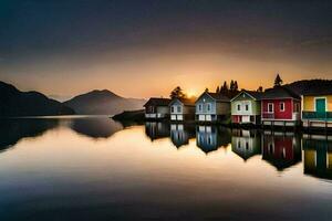 kleurrijk huizen Aan de water Bij zonsondergang. ai-gegenereerd foto