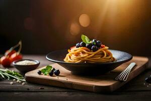 spaghetti met tomaten en basilicum Aan een houten tafel. ai-gegenereerd foto