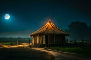 een hut met een rieten dak Aan een weg Bij nacht. ai-gegenereerd foto