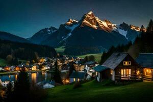 foto behang bergen, de nacht, de dorp, de bergen, de meer, de dorp,. ai-gegenereerd