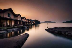 een huis Aan de water Bij zonsondergang. ai-gegenereerd foto