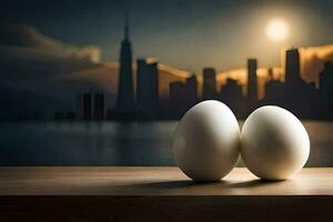 twee eieren Aan een tafel met een stad in de achtergrond. ai-gegenereerd foto