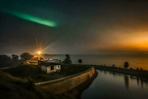 een vuurtoren en een rivier- Bij nacht met een groen licht. ai-gegenereerd foto