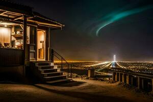 de Aurora lichten omhoog de lucht over- een cabine. ai-gegenereerd foto