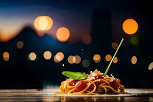 een bord van spaghetti met tomaat en basilicum Aan een tafel. ai-gegenereerd foto