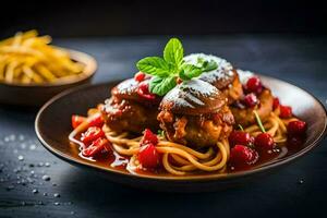 spaghetti met gehaktballen en kers tomaten. ai-gegenereerd foto