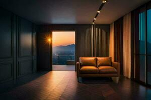een kamer met een stoel en een visie van de zonsondergang. ai-gegenereerd foto