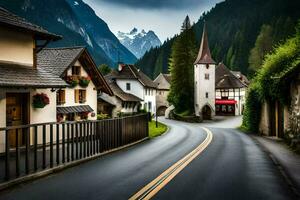 een weg in de bergen met een kerk en huizen. ai-gegenereerd foto