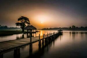 een houten pier met een hut in de midden- van een meer. ai-gegenereerd foto