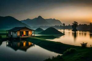 een huis zit Aan de rand van een meer Bij zonsopkomst. ai-gegenereerd foto
