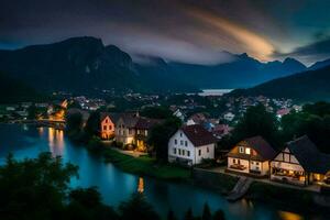 foto behang de lucht, bergen, water, de nacht, de dorp, de rivier, de. ai-gegenereerd