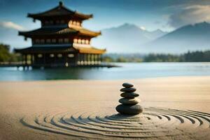 een rots stapel zit Aan de zand in voorkant van een pagode. ai-gegenereerd foto
