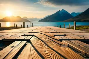 een houten brug over- een meer met bergen in de achtergrond. ai-gegenereerd foto