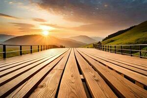 een houten brug over- een berg met de zon instelling. ai-gegenereerd foto