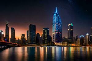 de stad horizon Bij nacht in dubai. ai-gegenereerd foto