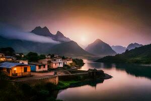 foto behang de lucht, bergen, rivier, huis, China, de lucht, de bergen. ai-gegenereerd
