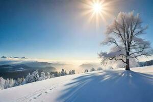 een boom in de sneeuw met de zon schijnend bovenstaand het. ai-gegenereerd foto