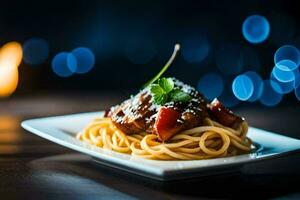 spaghetti met vlees en saus Aan een bord. ai-gegenereerd foto