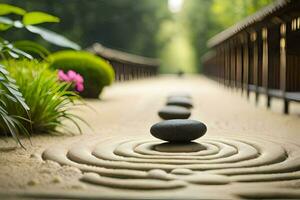 een zen tuin met stenen en een brug. ai-gegenereerd foto