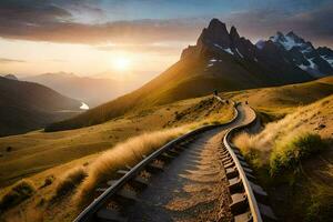 een trein bijhouden kronkelend door de bergen Bij zonsondergang. ai-gegenereerd foto
