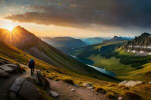 een persoon wandelen omhoog een berg Bij zonsondergang. ai-gegenereerd foto