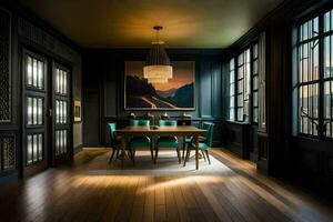 een dining kamer met donker hout vloeren en een schilderij Aan de muur. ai-gegenereerd foto