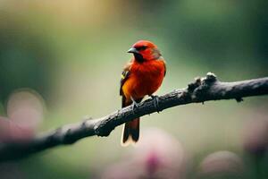 een rood vogel zittend Aan een Afdeling. ai-gegenereerd foto