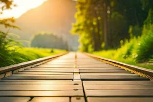 een houten loopbrug in de midden- van een veld. ai-gegenereerd foto