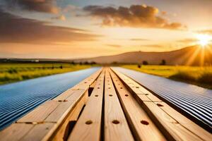 een houten brug is getoond in de midden- van een veld. ai-gegenereerd foto