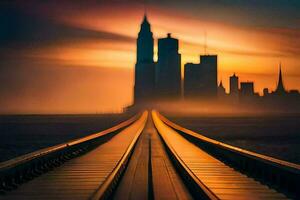 een trein bijhouden leidend naar een stad horizon Bij zonsondergang. ai-gegenereerd foto